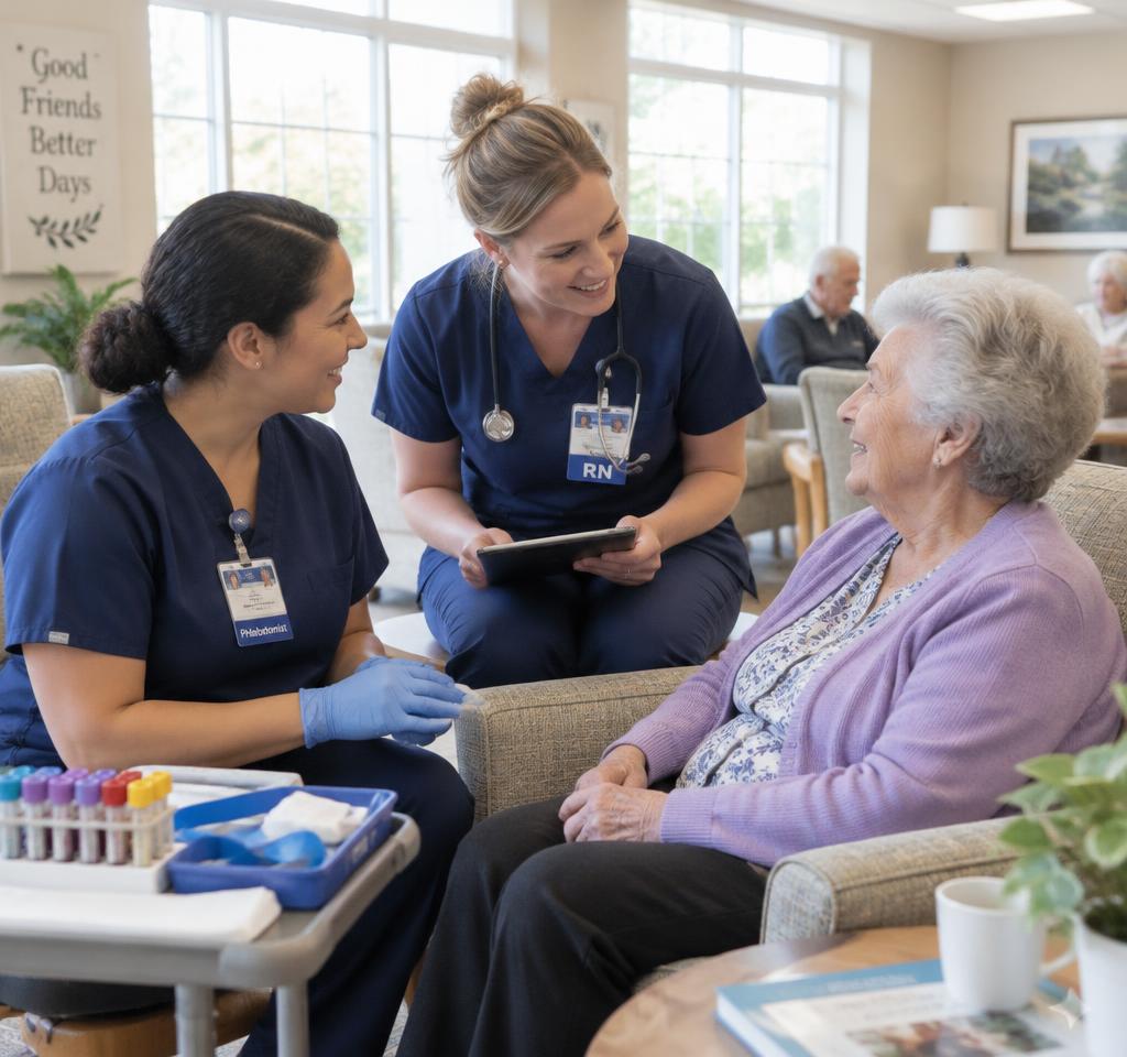 Phlebotomist and nurse with a resident at a care facility